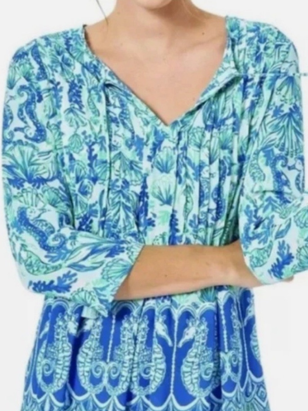 Lilly Pulitzer XL Marilina Seahorse Blue, Aqua & Green Floral tunic top